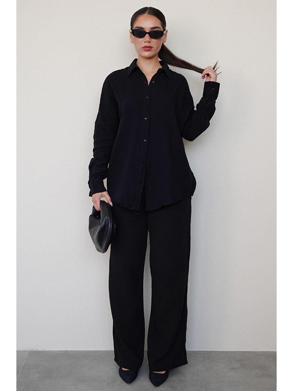 Siyah Basic Kadın Gömlek Pantolon Takım Mg2461-2