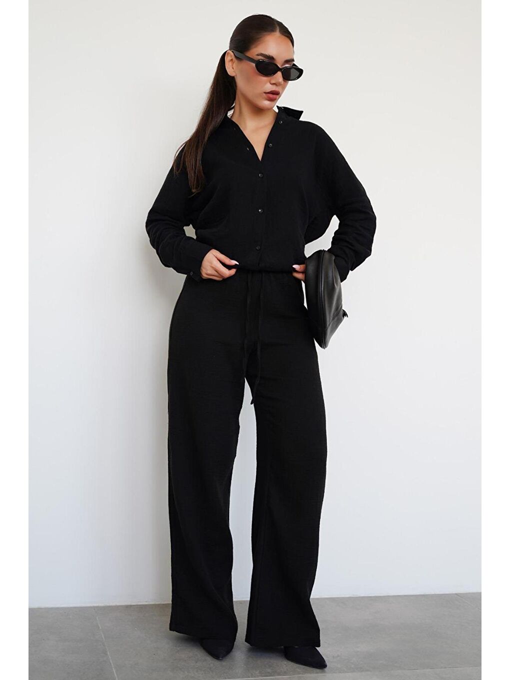 Siyah Basic Kadın Gömlek Pantolon Takım Mg2461-3