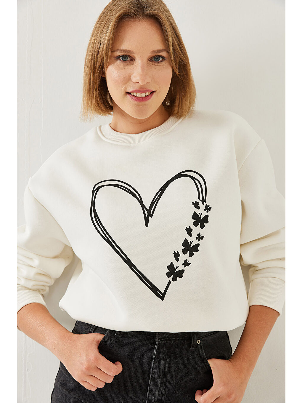 SHADE Ekru Kadın Baskılı Kalp Detaylı Bisiklet Yaka İplik Şardonlu Sweatshirt - 1