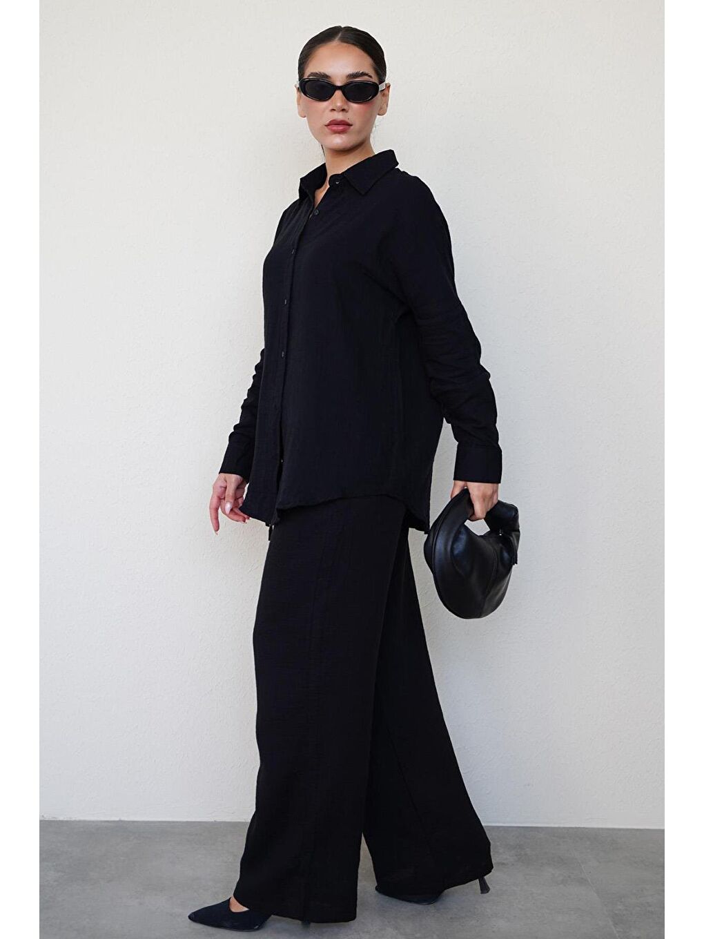 Siyah Basic Kadın Gömlek Pantolon Takım Mg2461-4