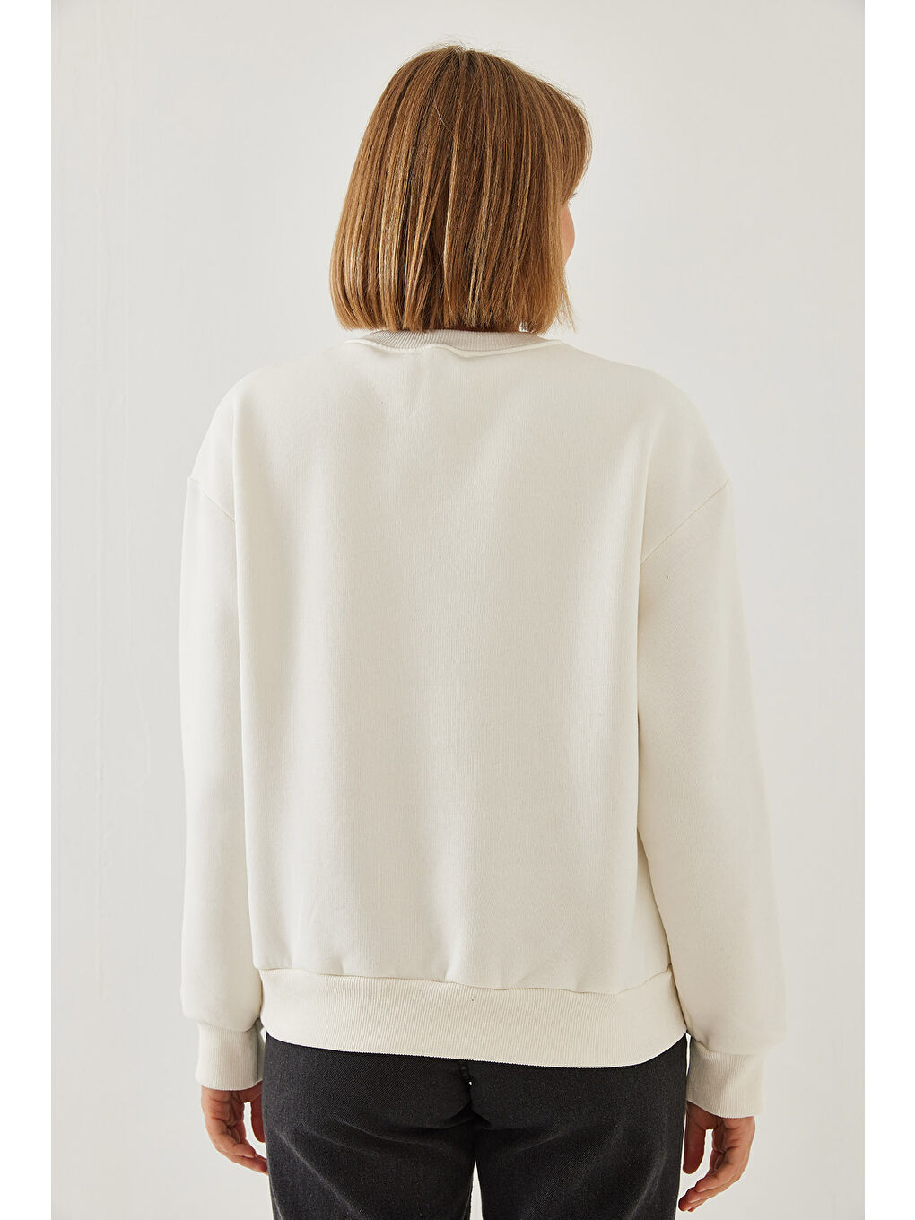 SHADE Ekru Kadın Baskılı Kalp Detaylı Bisiklet Yaka İplik Şardonlu Sweatshirt - 3