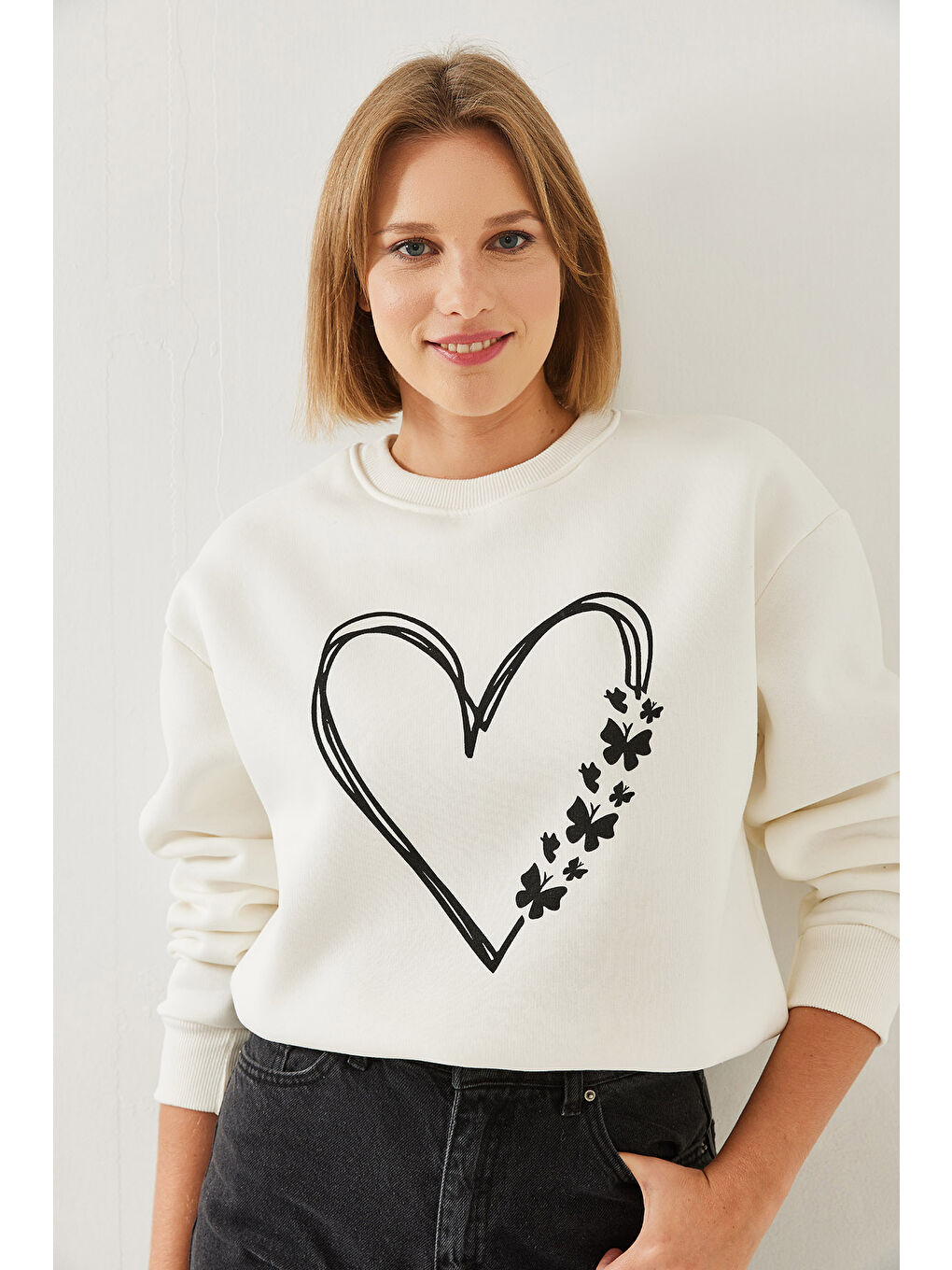 SHADE Ekru Kadın Baskılı Kalp Detaylı Bisiklet Yaka İplik Şardonlu Sweatshirt - 4