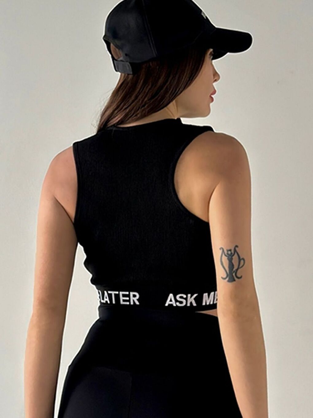 Siyah Kadın Spor Bel Bantlı Ask Me Later Baskılı Crop Bluz-2