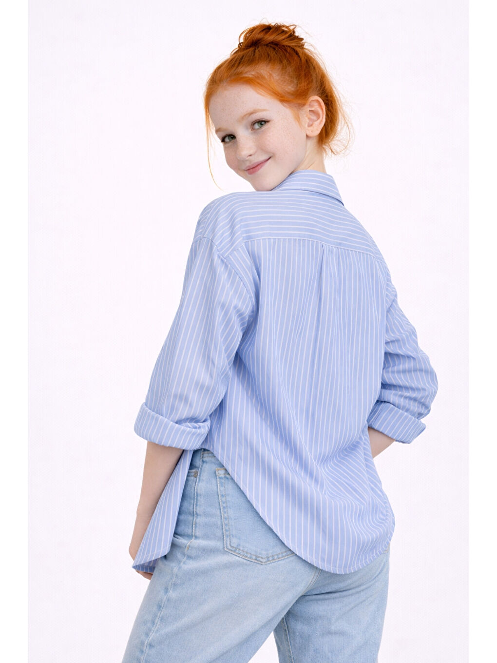 Mavi Kız Çocuk Çizgili Taşı Crop Badili Gömlek Takım Ak2606-1