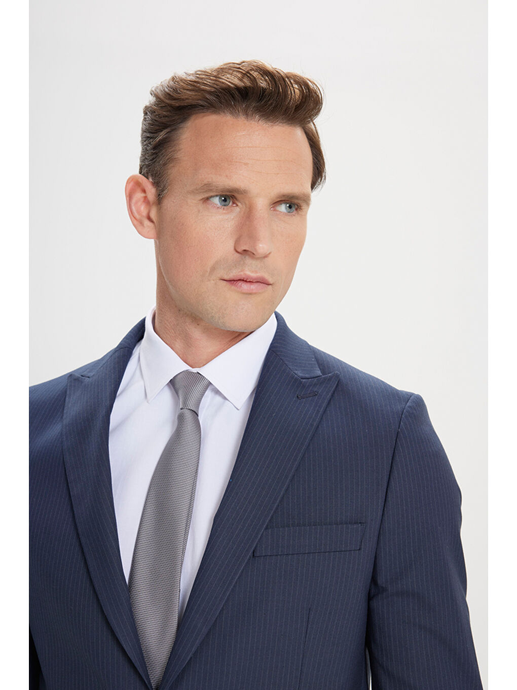 Erkek Lacivert-Gri Slim Fit Dar Kesim Kırlangıç Yaka Çizgili Takım Elbise-2