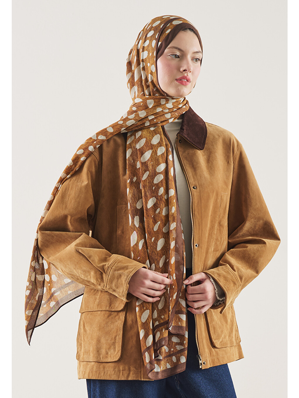 Kahverengi Camel Wıld Fawn Desen Rami Şal-3