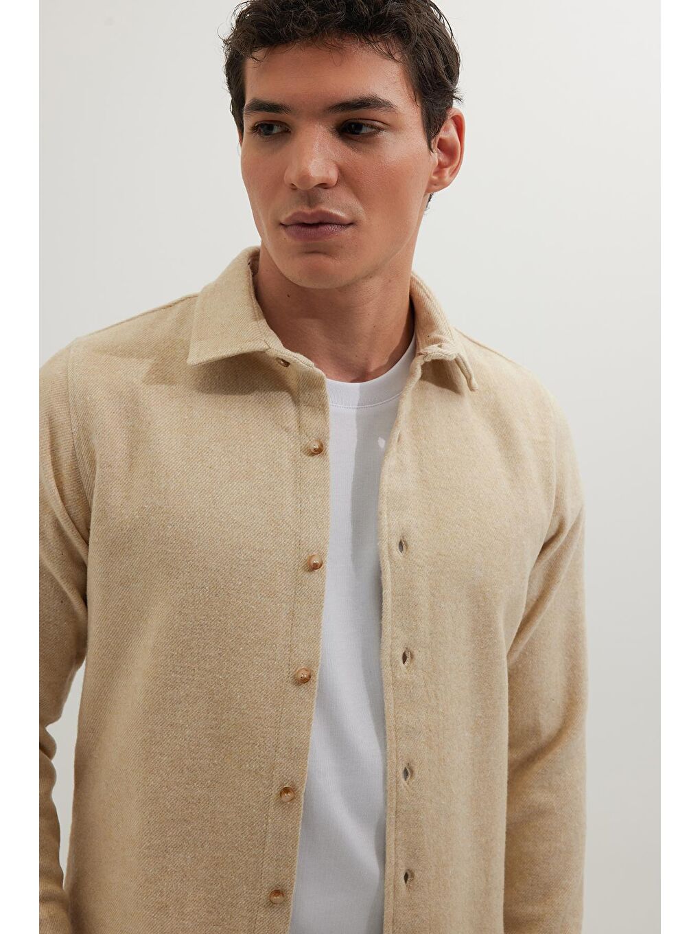 Erkek Slim Fit Dar Kesim Uzun Kollu Düz Kışlık Oduncu Açık Bej Gömlek-1
