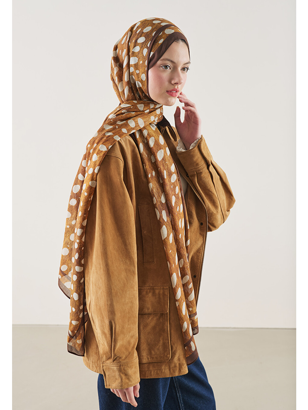 Kahverengi Camel Wıld Fawn Desen Rami Şal-18
