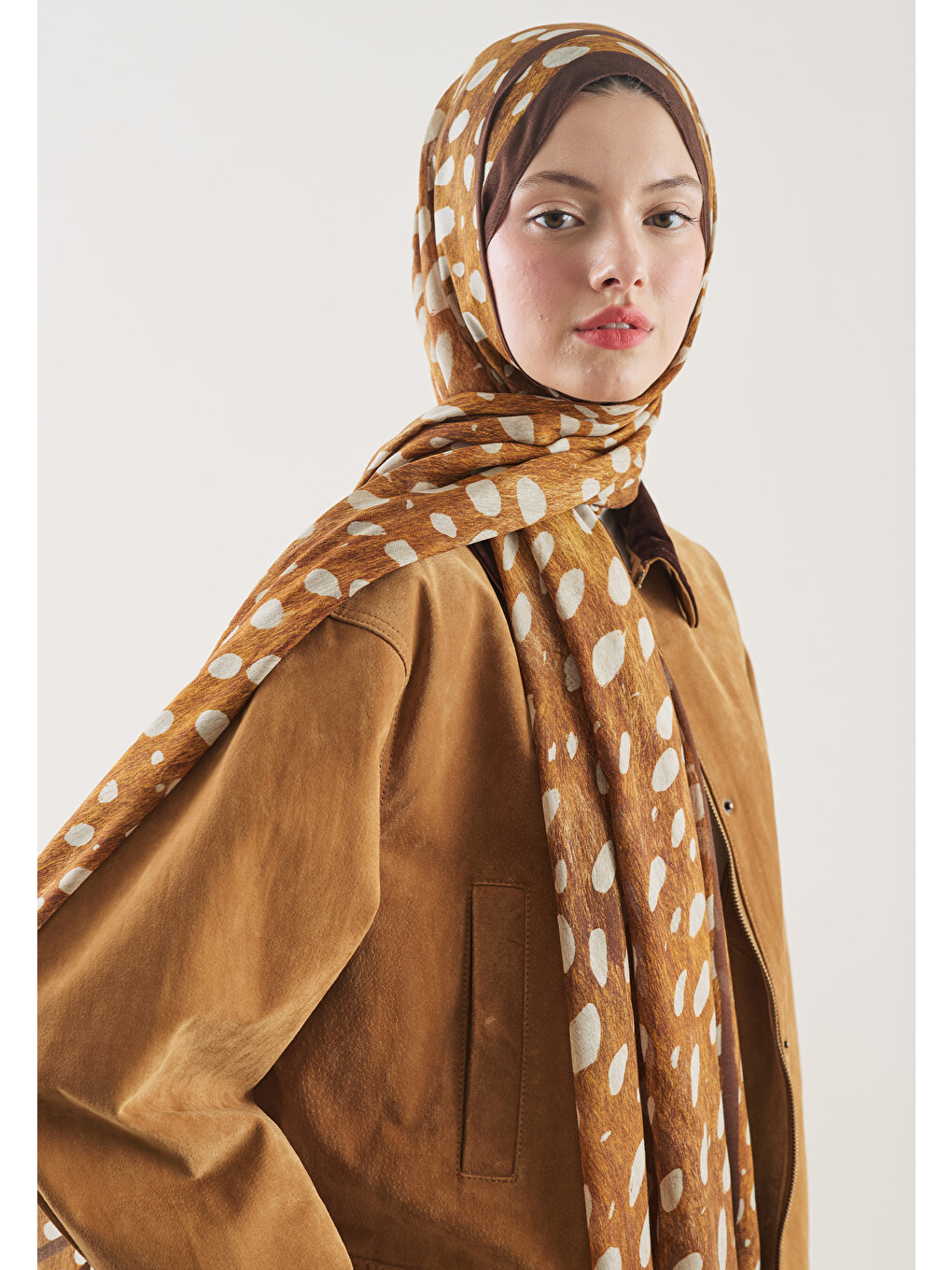 Kahverengi Camel Wıld Fawn Desen Rami Şal-14