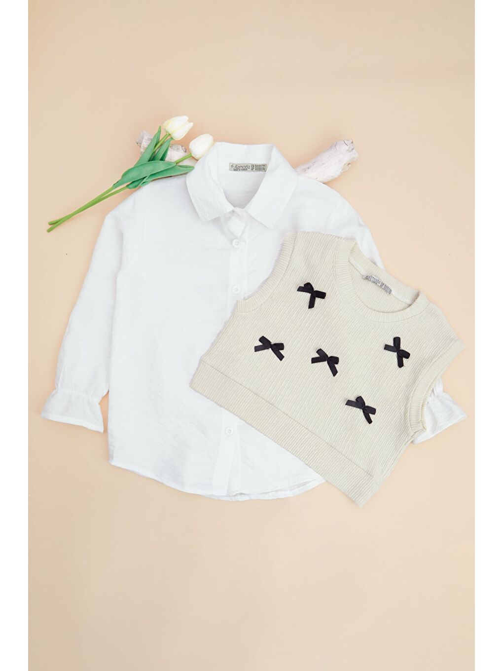Beyaz Fiyonklu Süveterli Kız Çocuk 2 Li Takım-1