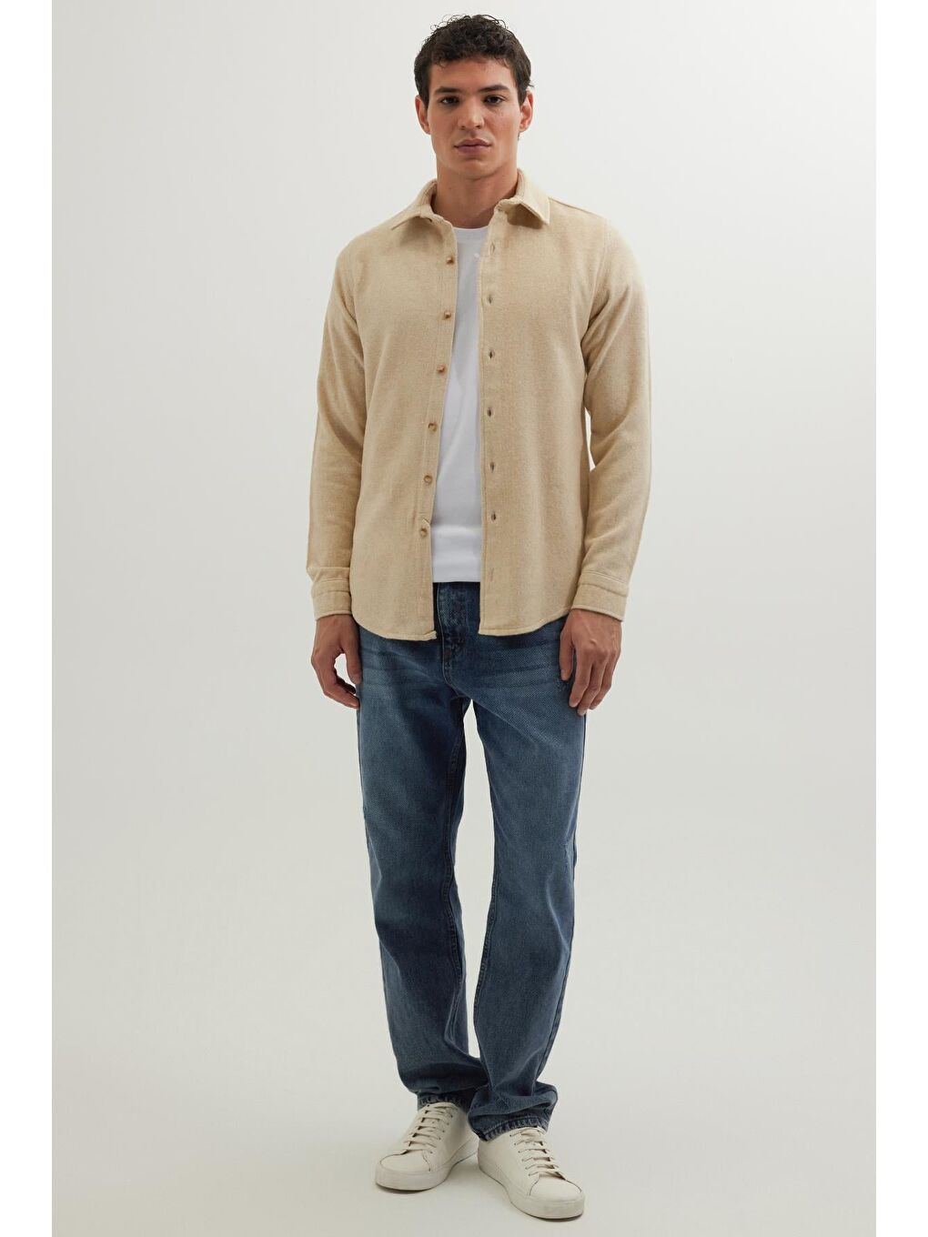 Erkek Slim Fit Dar Kesim Uzun Kollu Düz Kışlık Oduncu Açık Bej Gömlek-3