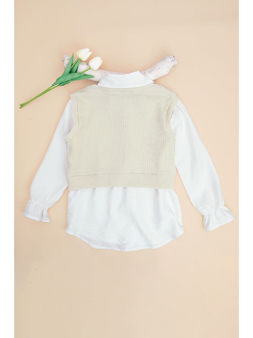 Beyaz Fiyonklu Süveterli Kız Çocuk 2 Li Takım-2