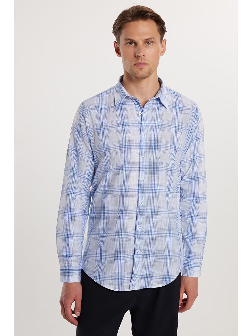 Karışık Erkek Slim Fit Dar Kesim %100 Pamuk Keten Doku Kareli Gömlek-1