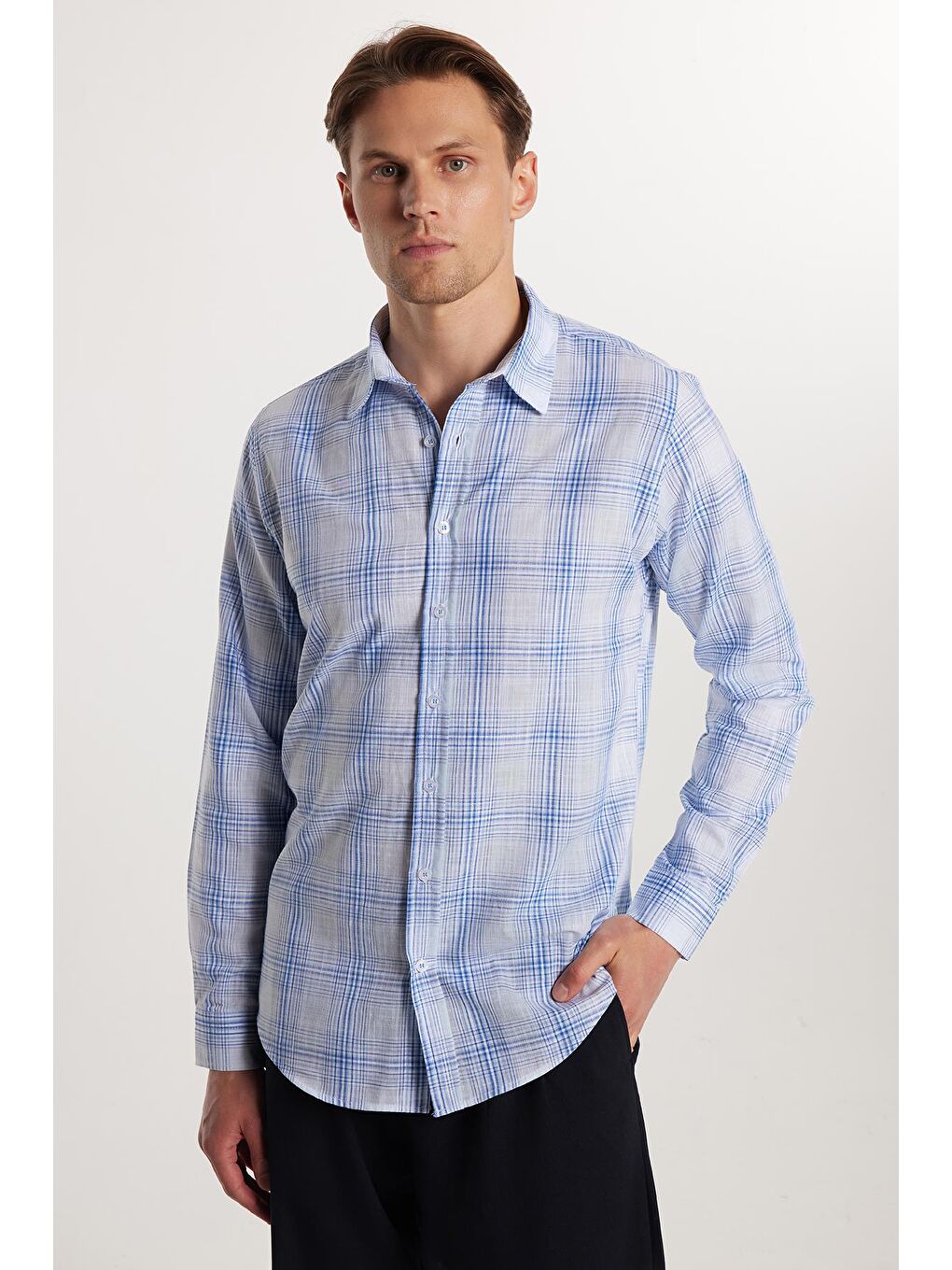 Karışık Erkek Slim Fit Dar Kesim %100 Pamuk Keten Doku Kareli Gömlek-3