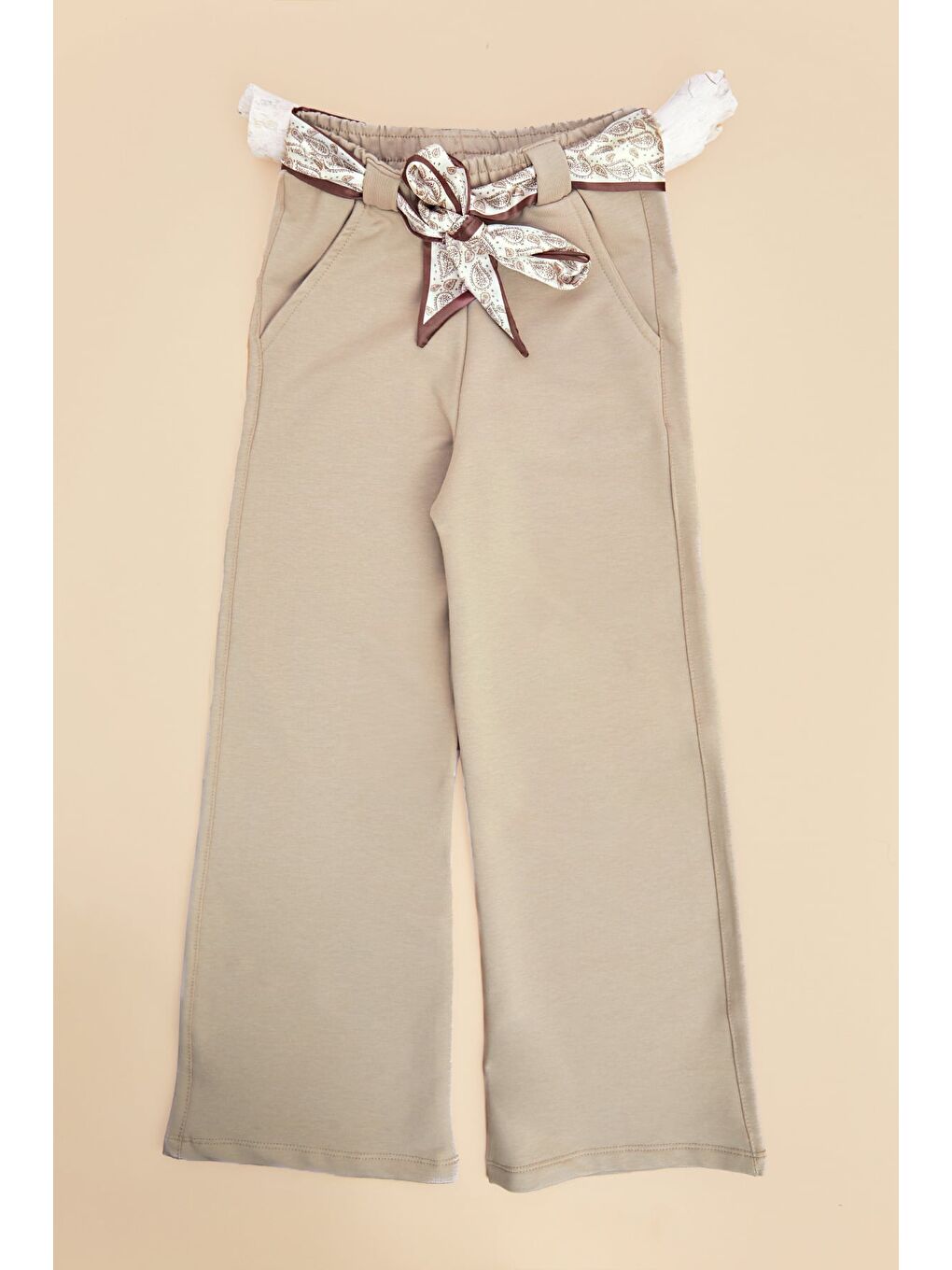 Bej Kemer Detaylı Lastikli Kız Çocuk Palazzo Pantolon