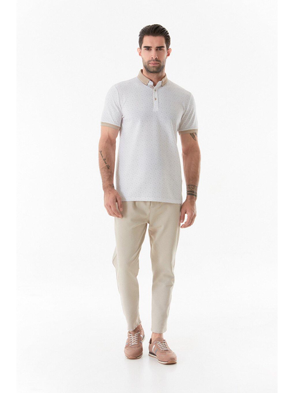 Bej Baskılı Polo Yaka Tişört-2