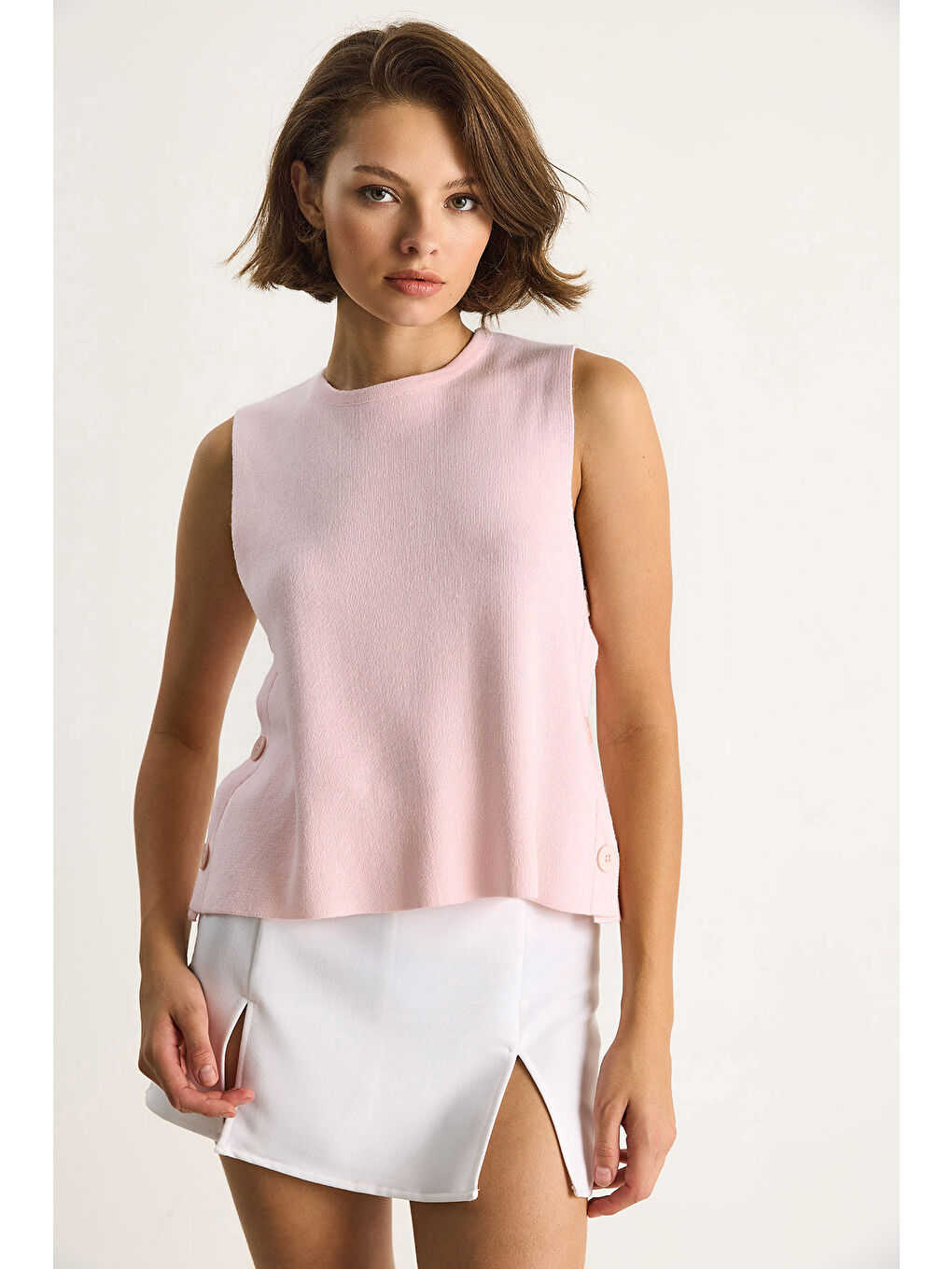 Pembe Kadın Bisiklet Yaka Yandan Düğme Aksesuarlı Örme Bluz-1