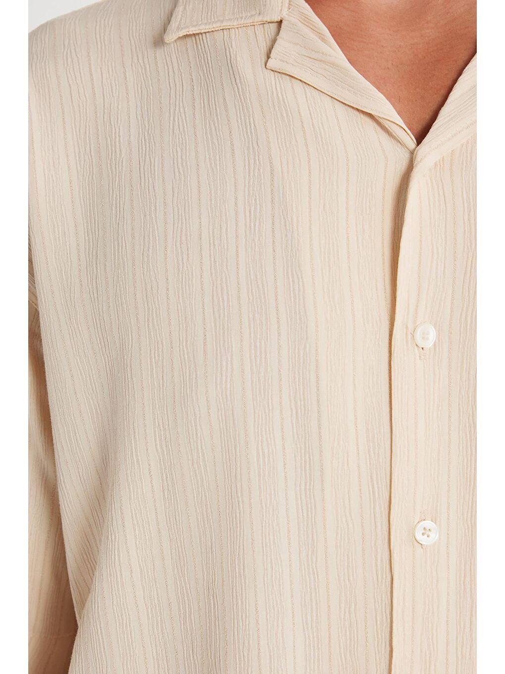 Erkek Relax Fit Rahat Kesim Çizgili Apaş Yaka Kısa Kollu Açık Bej Gömlek-2