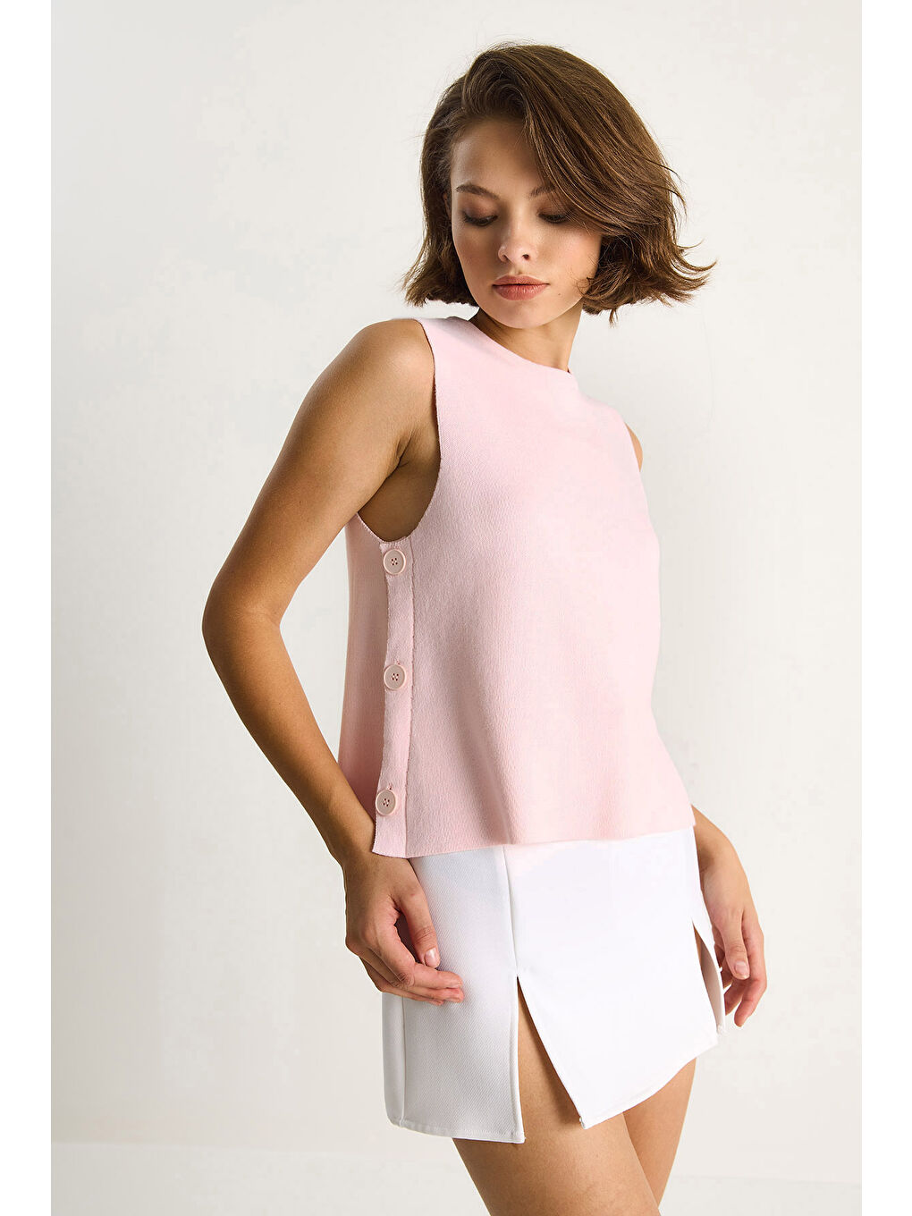 Pembe Kadın Bisiklet Yaka Yandan Düğme Aksesuarlı Örme Bluz-2