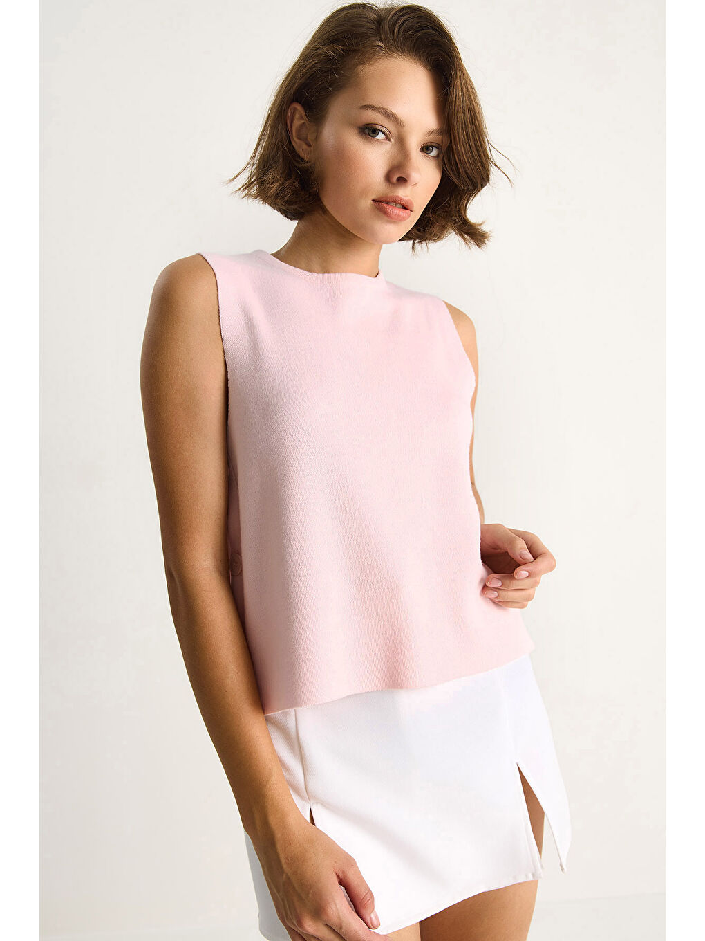 Pembe Kadın Bisiklet Yaka Yandan Düğme Aksesuarlı Örme Bluz-3