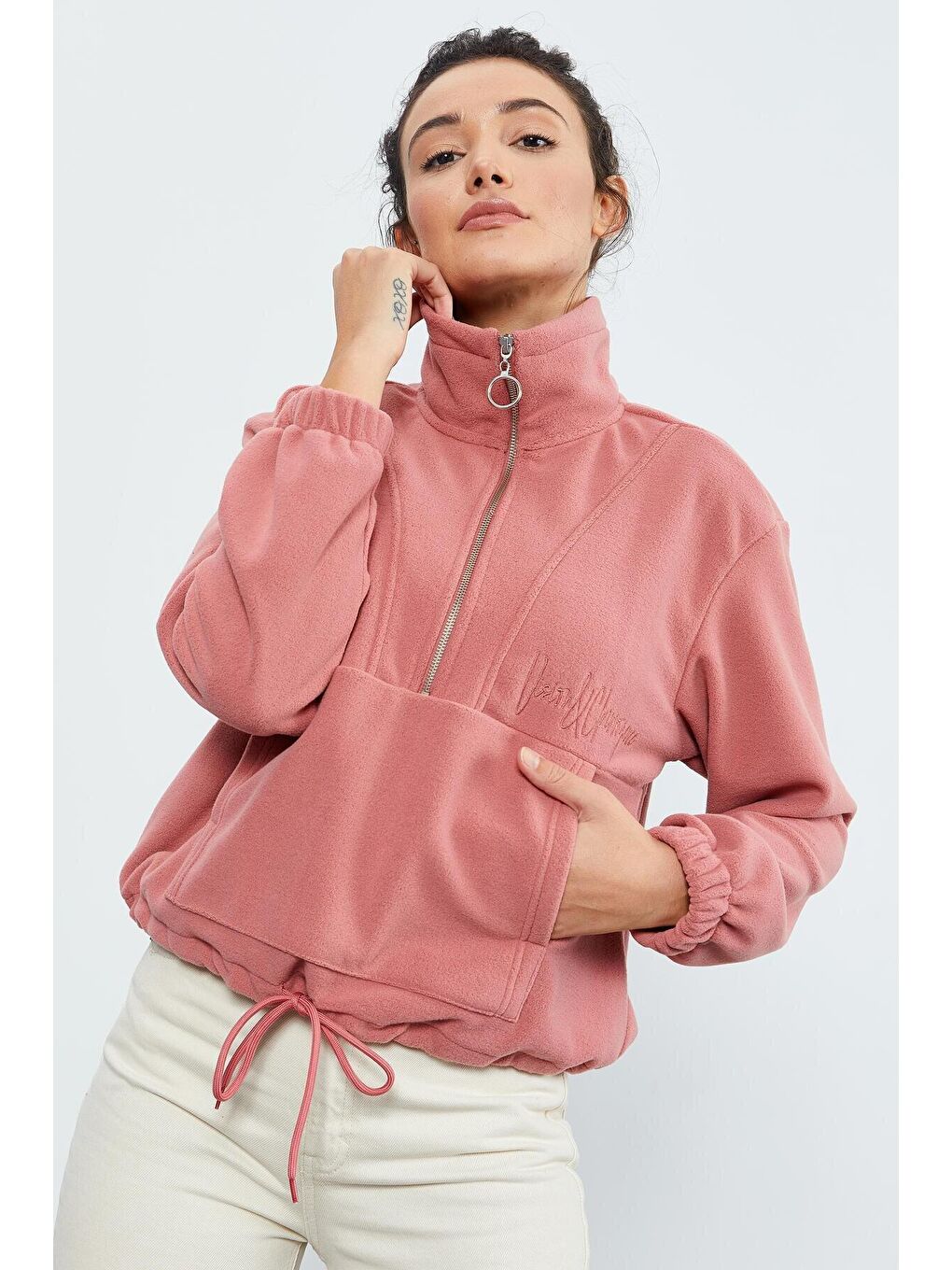 TOMMYLIFE Pembe Yaban Gülü Yarım Fermuar Etek Ucu Büzgülü Kadın Polar Oversize Sweatshirt - 97171 - 4