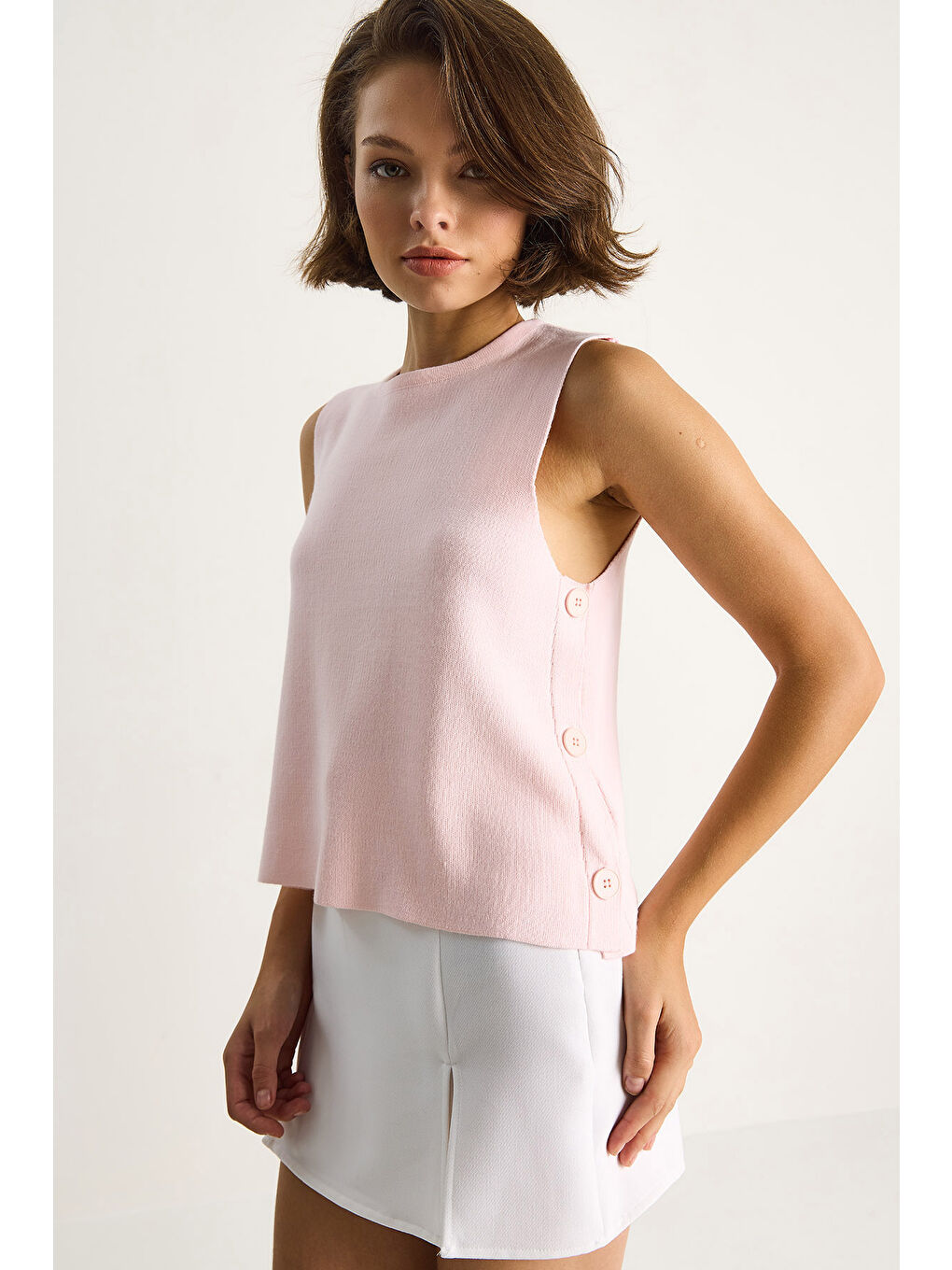 Pembe Kadın Bisiklet Yaka Yandan Düğme Aksesuarlı Örme Bluz-4