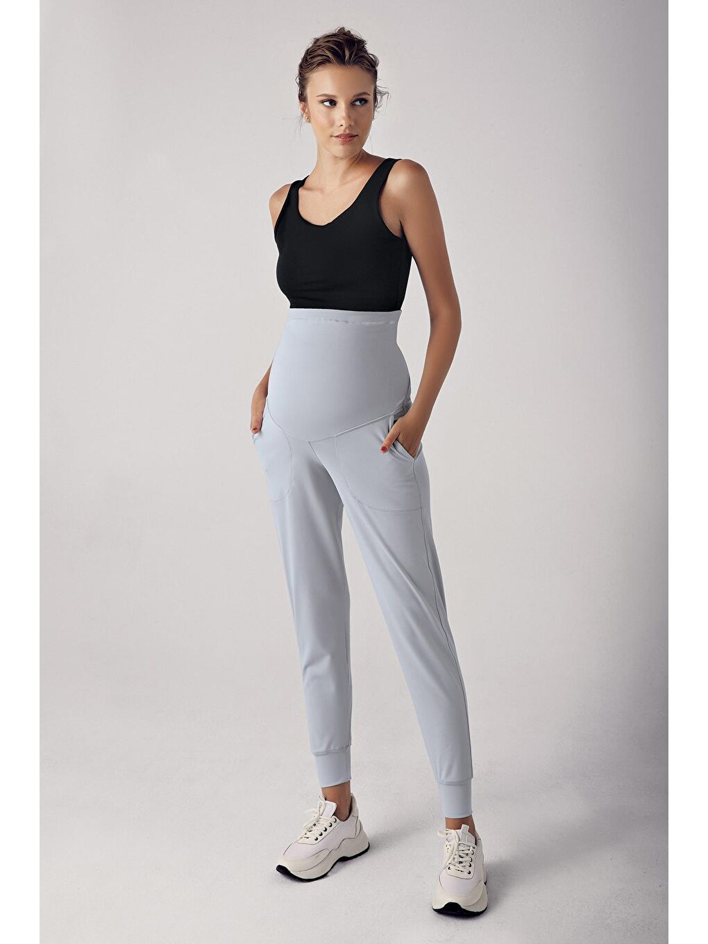 Gri Kadın Yüksek Bel Cepli Hamile Jogger Eşofman Altı E02