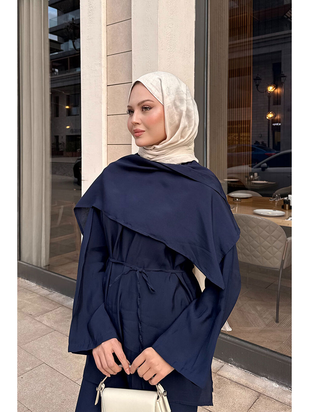 Kadın Şal Detay Bel Bağlamalı Takım Lacivert-1