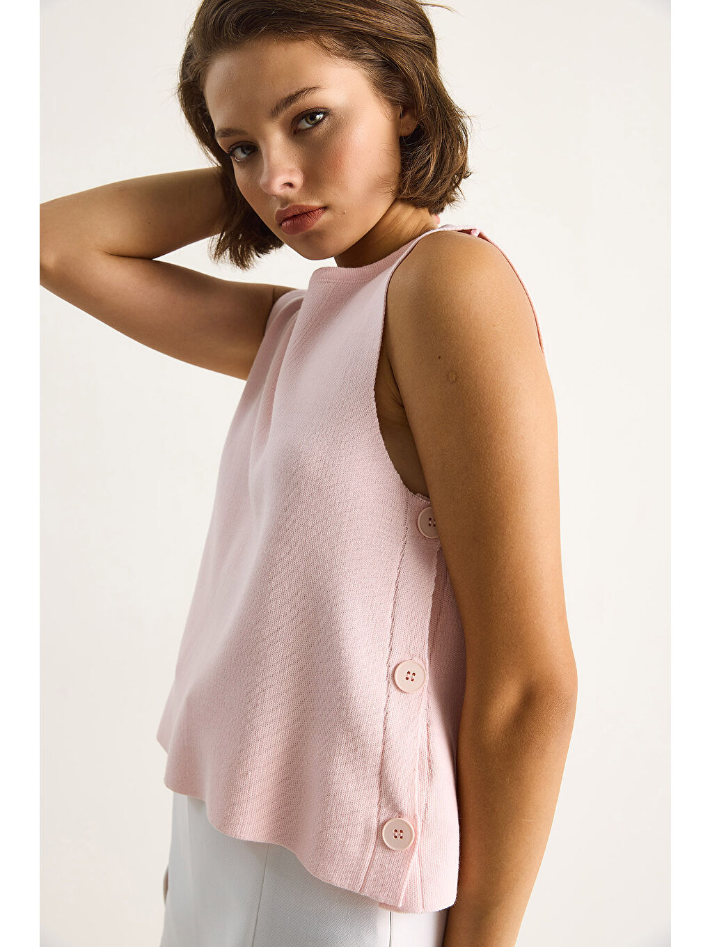 Pembe Kadın Bisiklet Yaka Yandan Düğme Aksesuarlı Örme Bluz-5