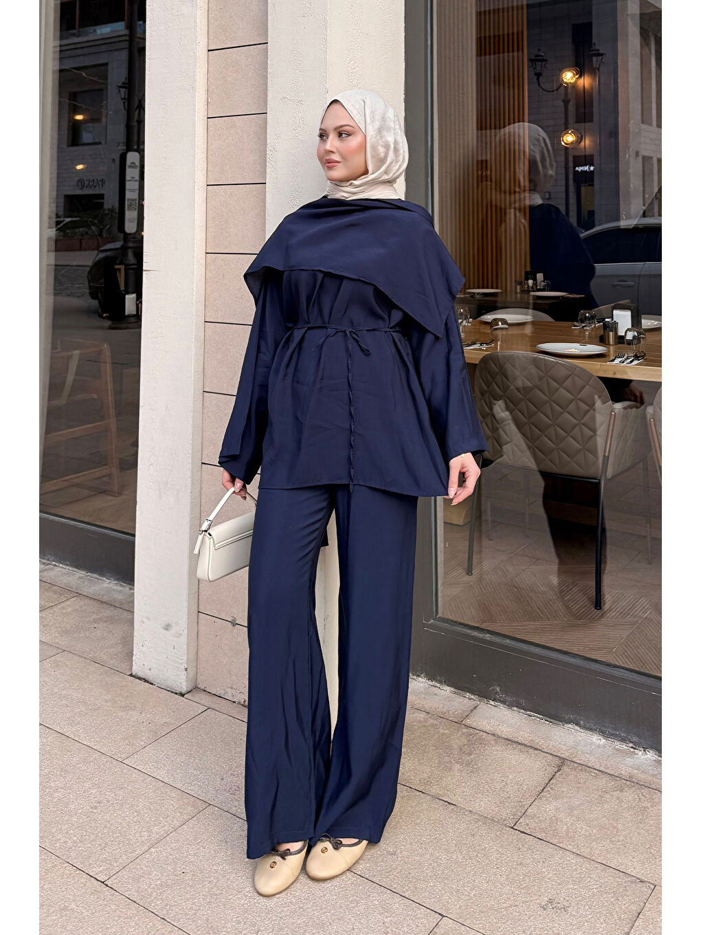 Kadın Şal Detay Bel Bağlamalı Takım Lacivert-2