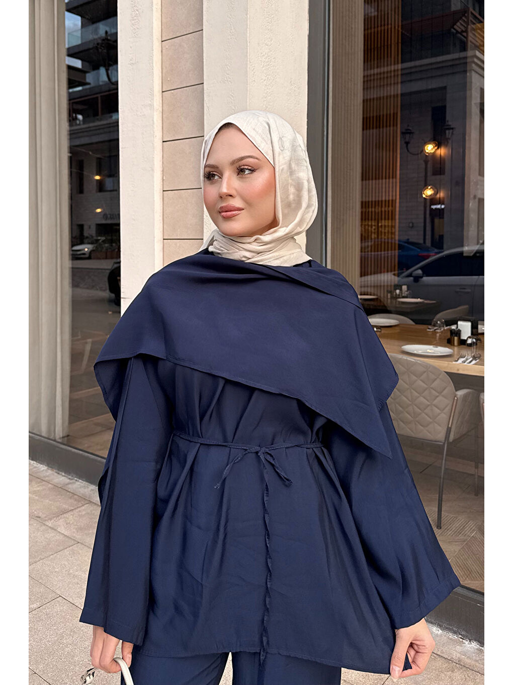 Kadın Şal Detay Bel Bağlamalı Takım Lacivert-3