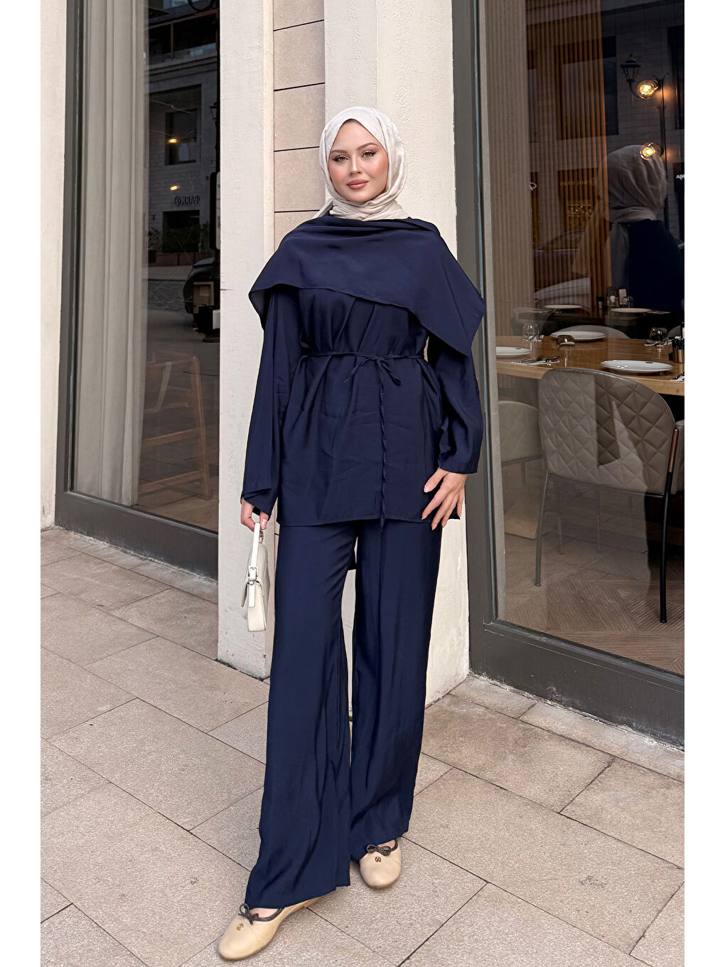 Kadın Şal Detay Bel Bağlamalı Takım Lacivert-4