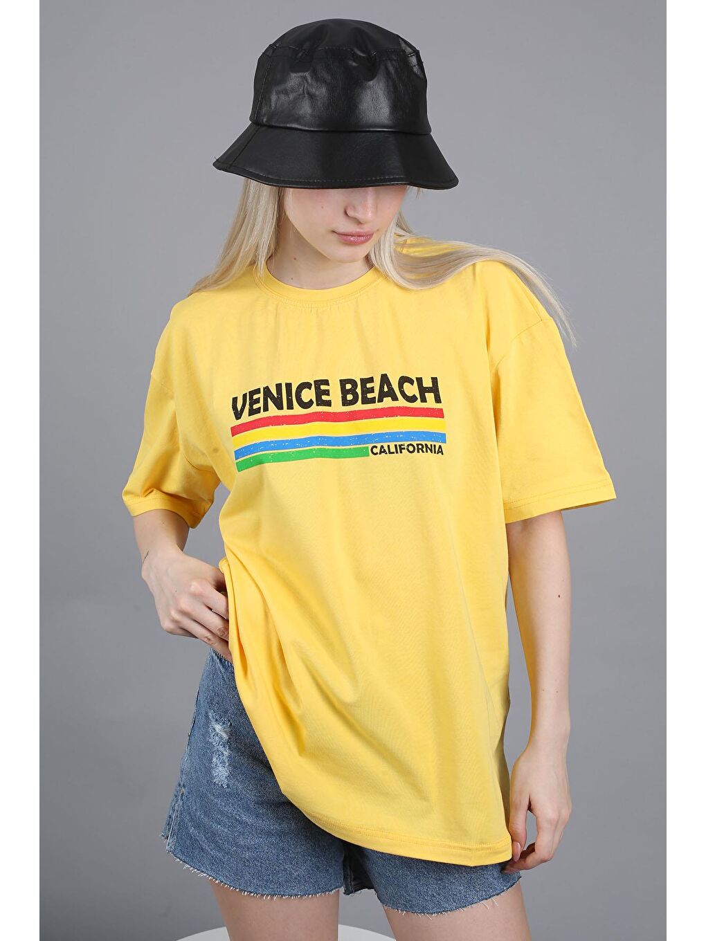 Sarı Baskılı Over Fit Tişört Mg1516