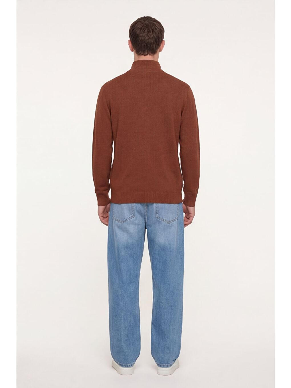 Kahverengi Erkek Kiremit Normal Kesim Regular Fit Yünlü Fermuarlı Dik Yaka Triko Kazak-3