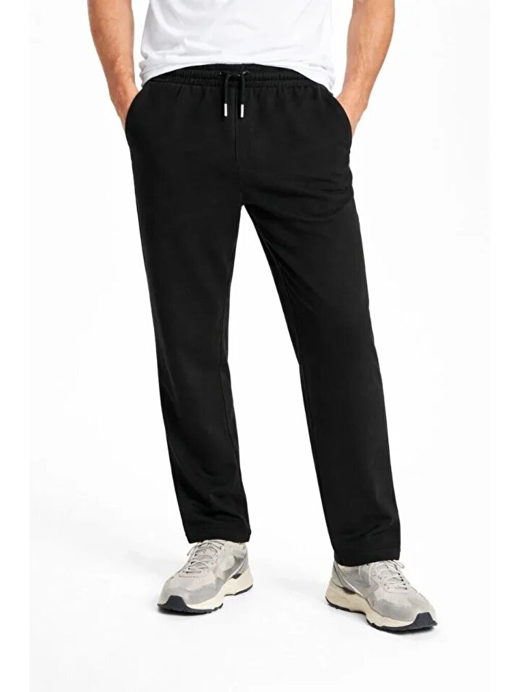 Erkek Düz Paça Beli Lastikli İpli Günlük Spor Eşofman Altı Rahat Fit - Siyah-1