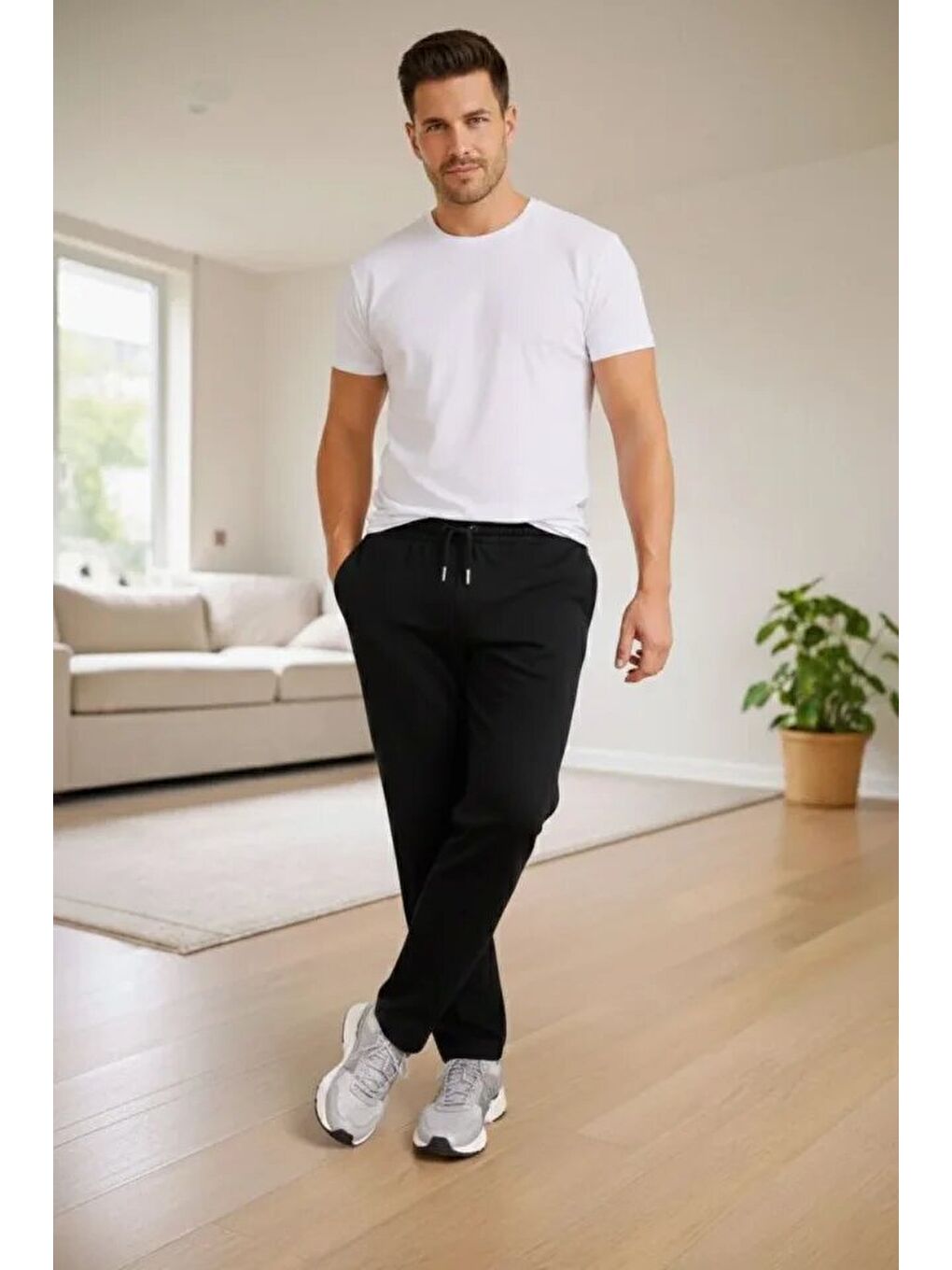 Erkek Düz Paça Beli Lastikli İpli Günlük Spor Eşofman Altı Rahat Fit - Siyah-3