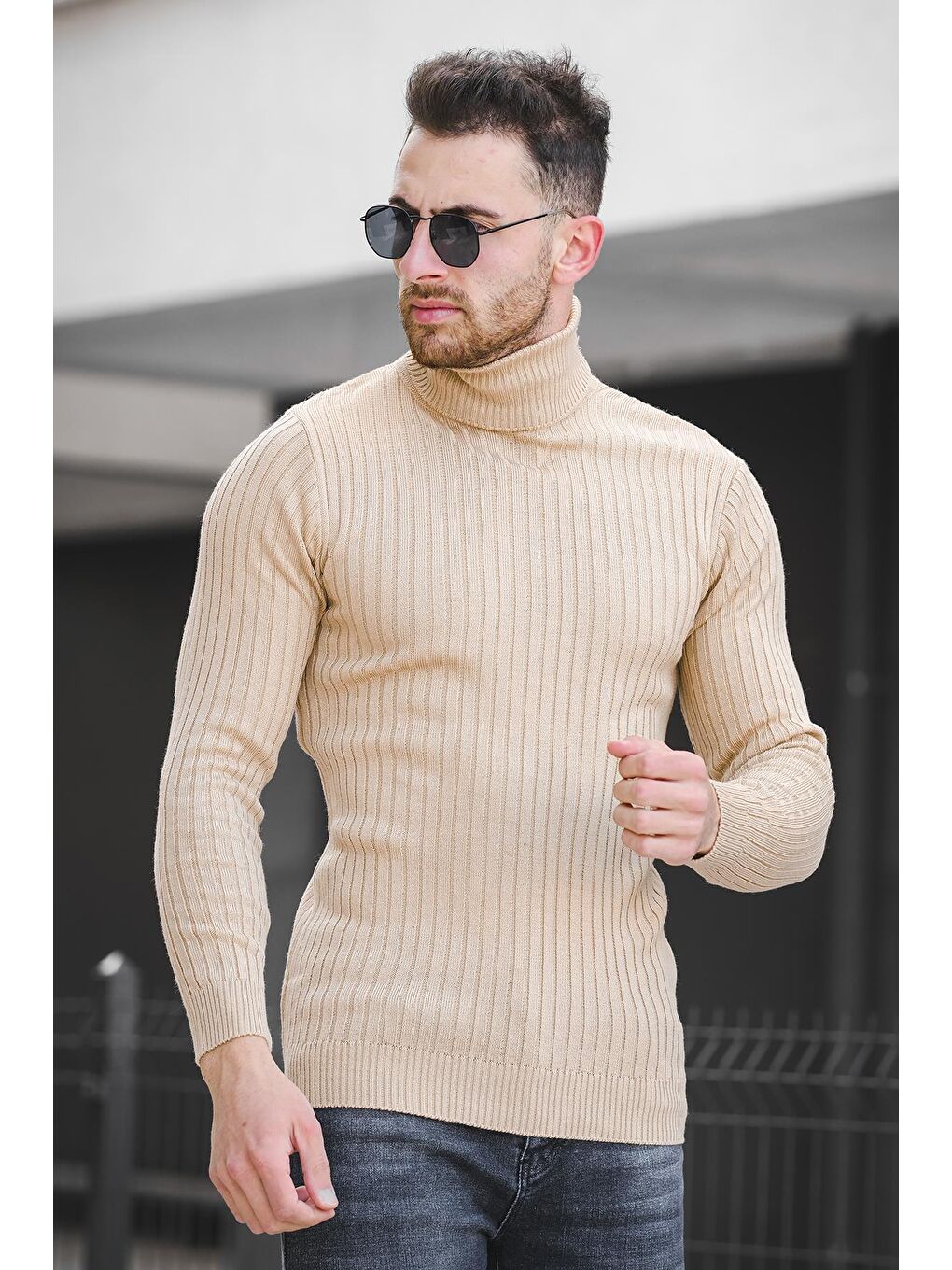 Oksit Krem Kalın Fitilli Slim Fit Erkek Boğazlı Kazak - 1