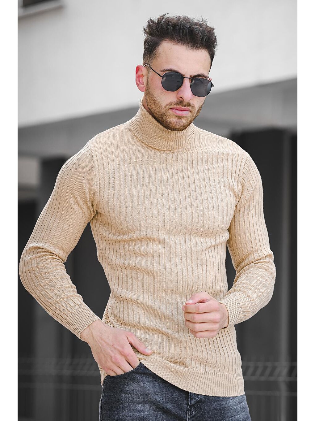 Oksit Krem Kalın Fitilli Slim Fit Erkek Boğazlı Kazak - 2