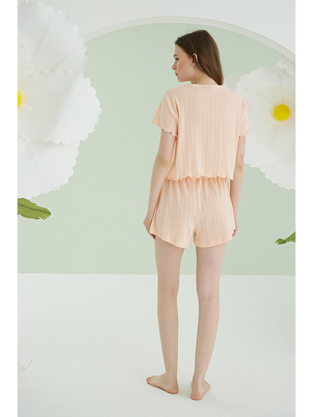 Pembe Somon Önden Düğmeli Crop Şort Takım-1