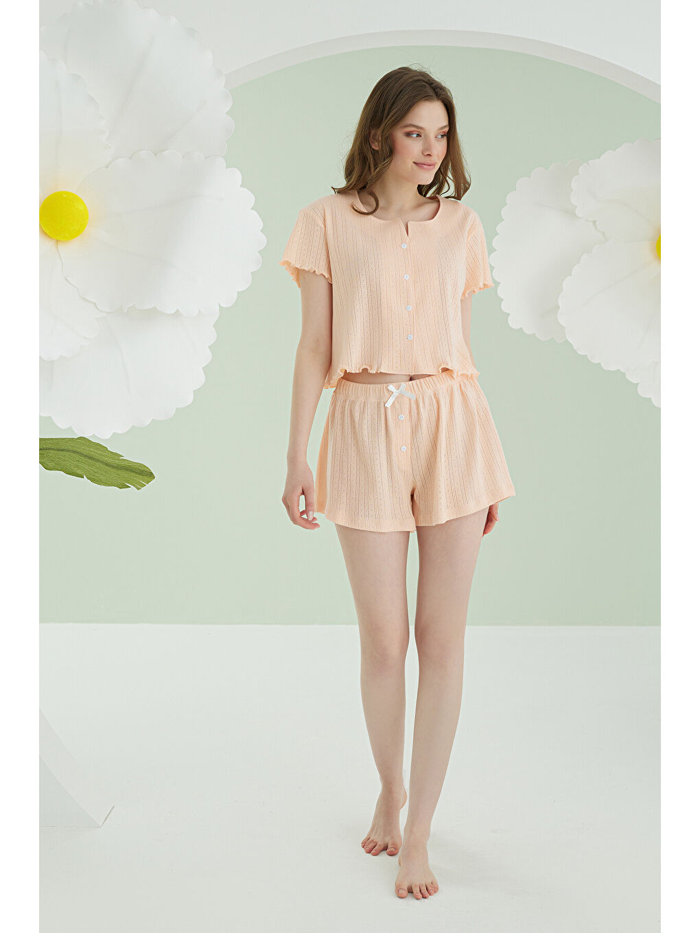 Pembe Somon Önden Düğmeli Crop Şort Takım-2