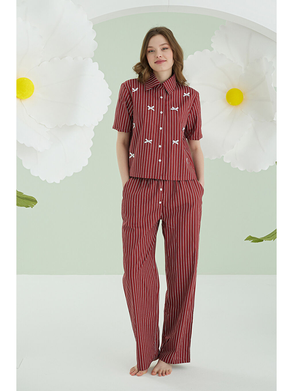 Bordo Kurdele Önden Düğmeli Pijama Takım