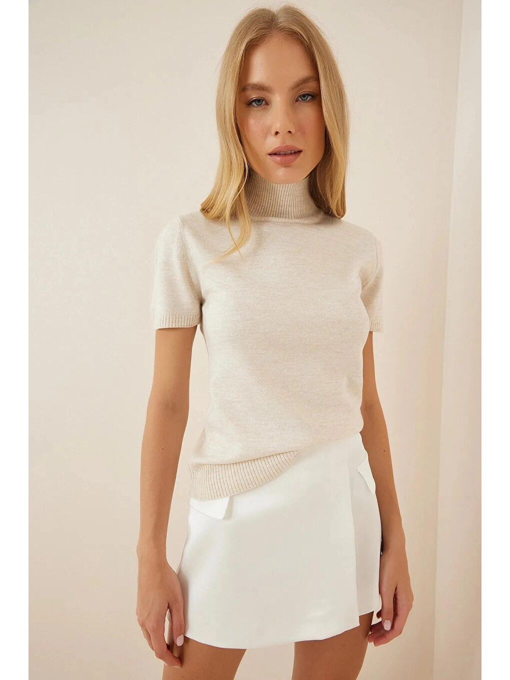 Ekru Kadın Krem Balıkçı Yaka Kısa Kollu Boğazlı Triko Kazak HZL23W-BD1101051