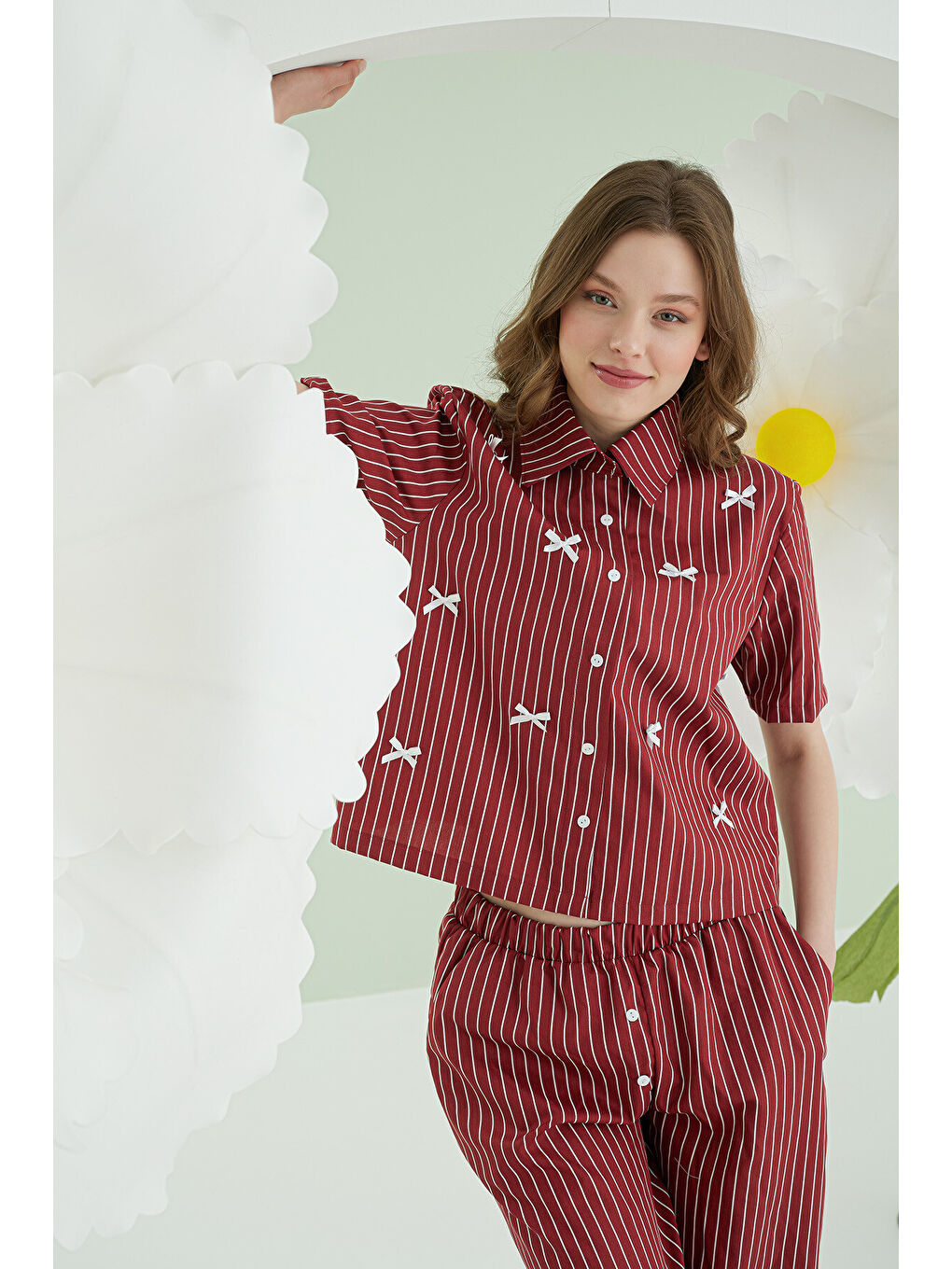 Bordo Kurdele Önden Düğmeli Pijama Takım-1