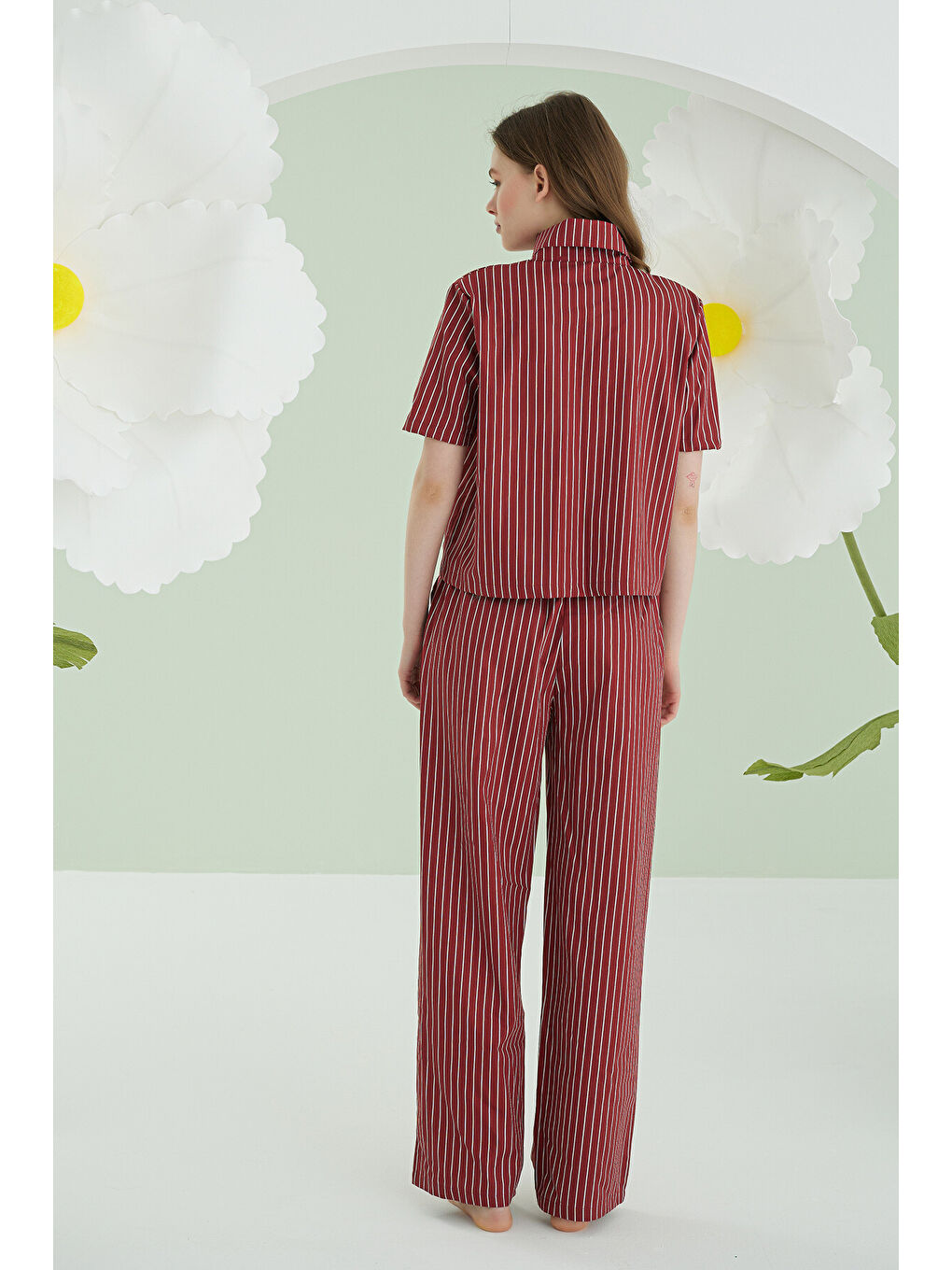 Bordo Kurdele Önden Düğmeli Pijama Takım-2