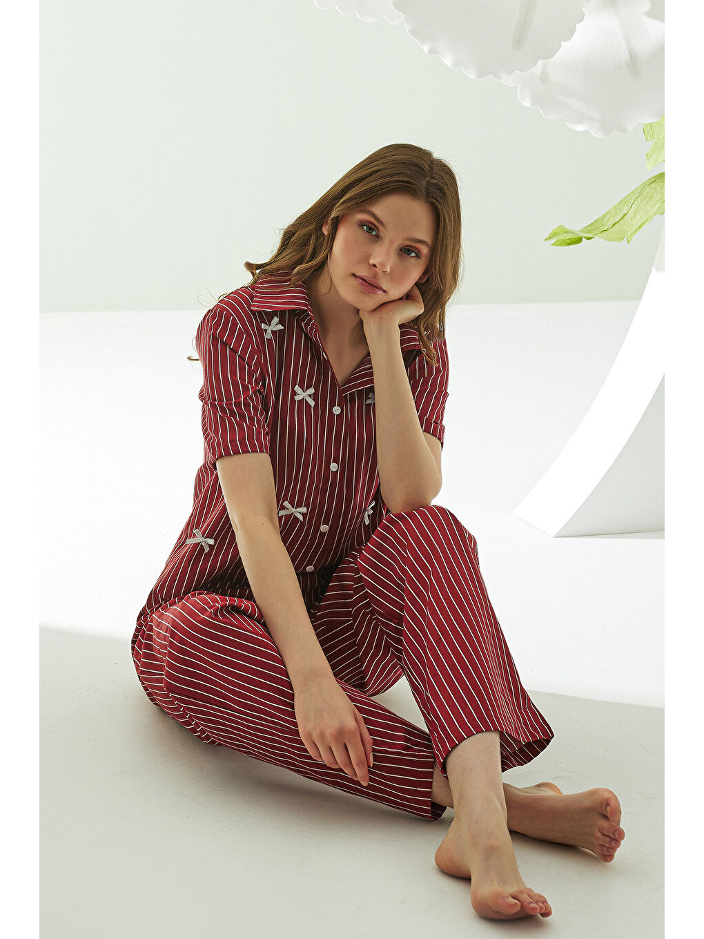 Bordo Kurdele Önden Düğmeli Pijama Takım-3