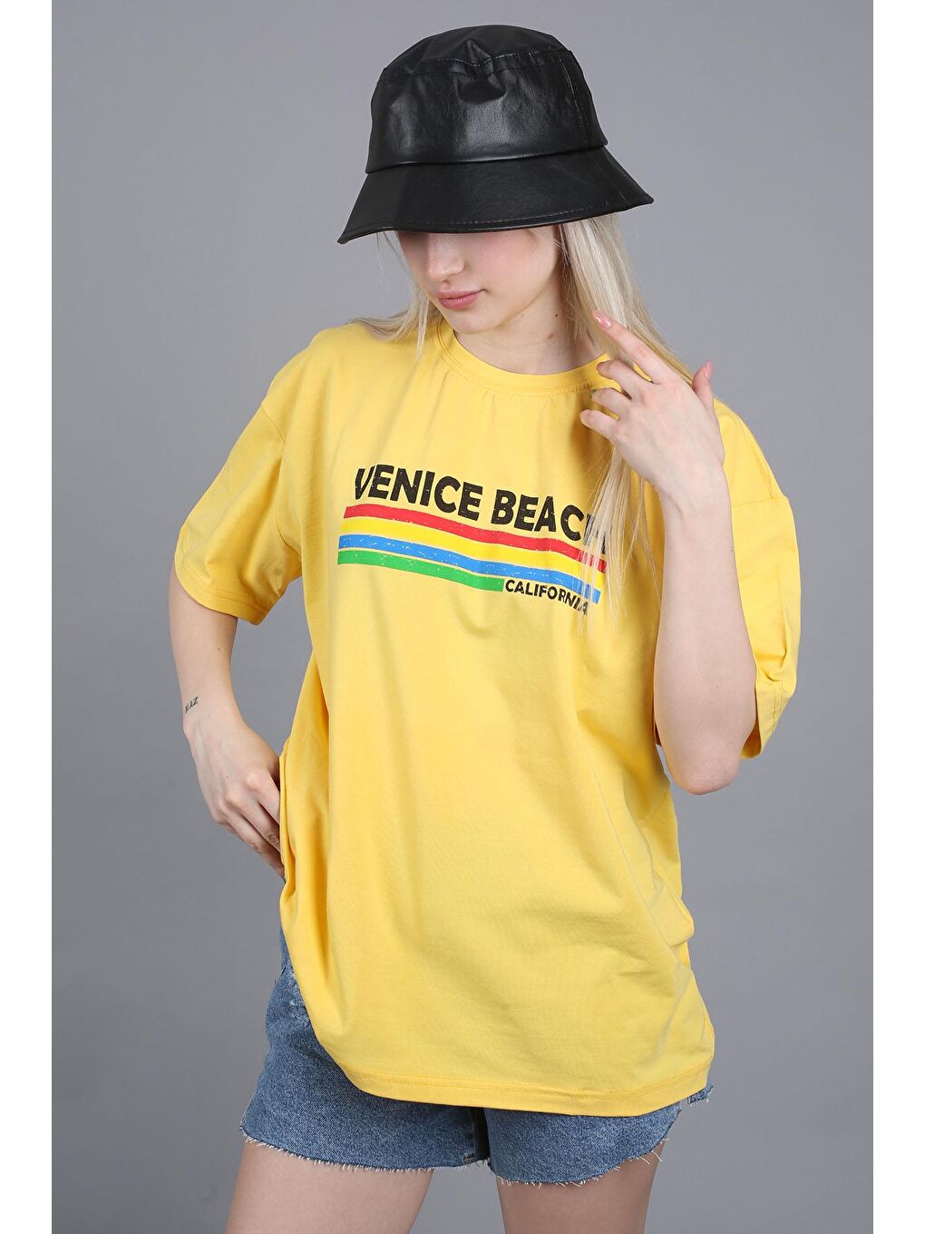 Sarı Baskılı Over Fit Tişört Mg1516-1