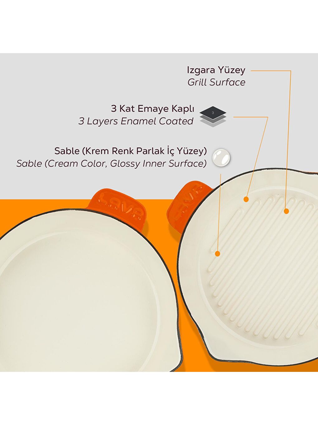 LAVA Turuncu 2X Edition Serisi Özel Koleksiyon Döküm Demir Tava Seti - 6