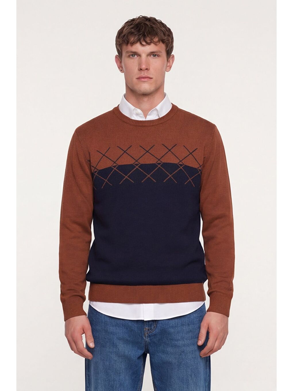 Kahverengi Erkek Kiremit-Siyah Normal Kesim Regular Fit Yünlü Dokuma Desenli Triko Kazak