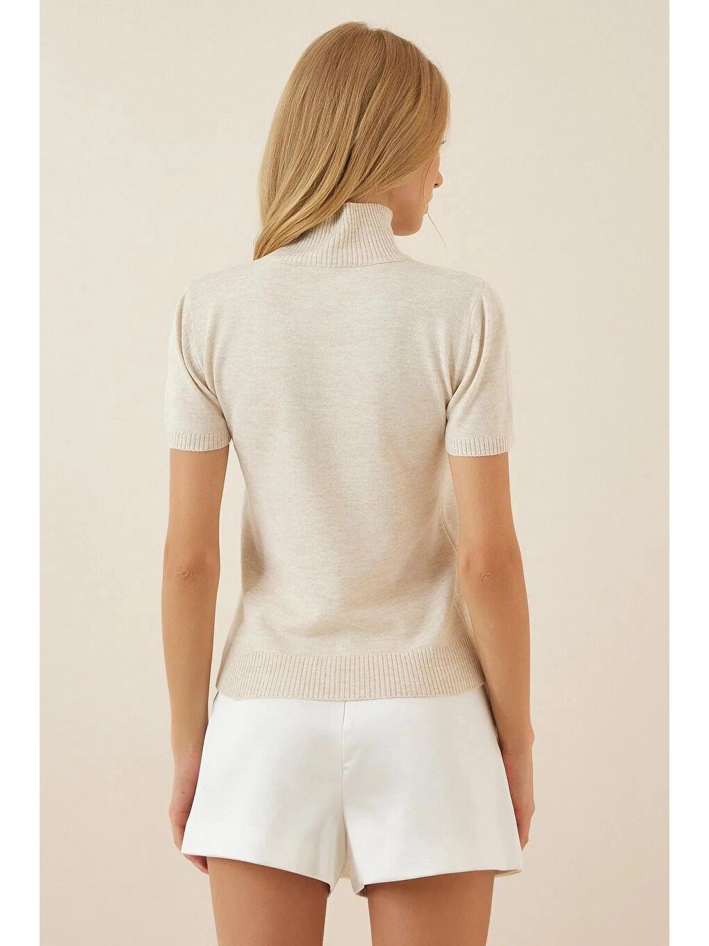 Ekru Kadın Krem Balıkçı Yaka Kısa Kollu Boğazlı Triko Kazak HZL23W-BD1101051-2