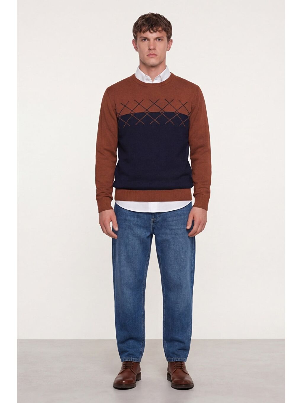 Kahverengi Erkek Kiremit-Siyah Normal Kesim Regular Fit Yünlü Dokuma Desenli Triko Kazak-1